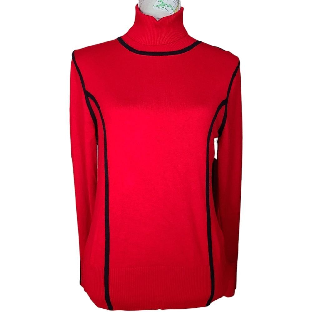 Carmen Marc Valvo Size Large Classic Red Black Trim Turtleneck Sweater Office